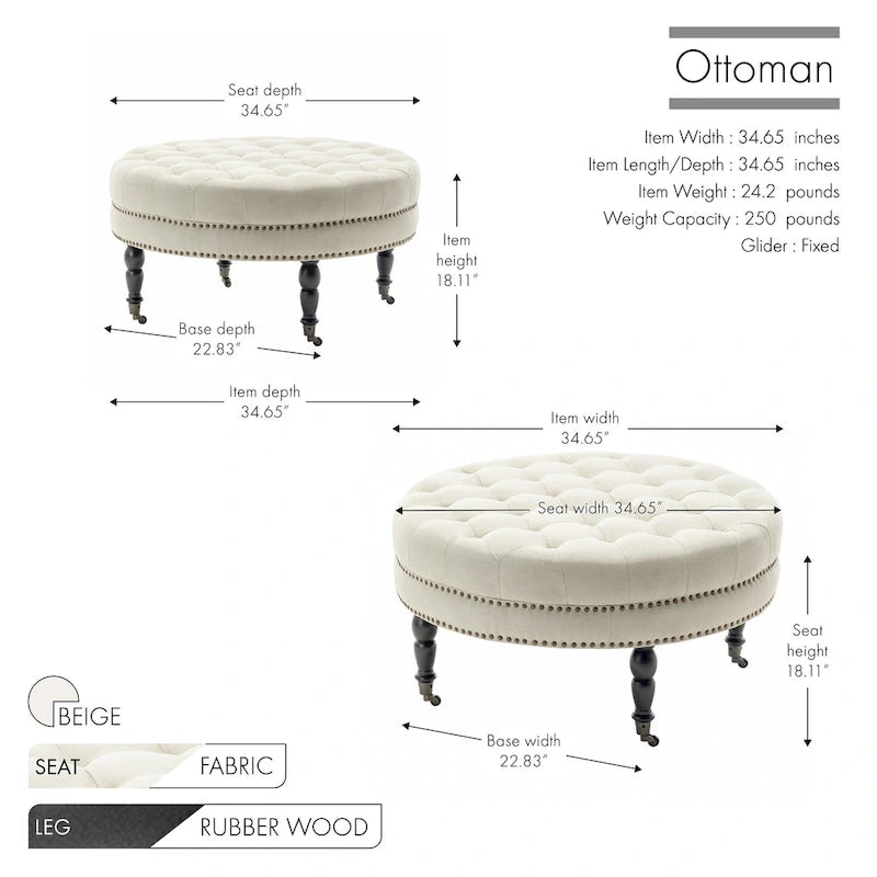 Ottoman de cocktail rond touffeté en tissu avec pieds et roulettes en bois d'hévéa