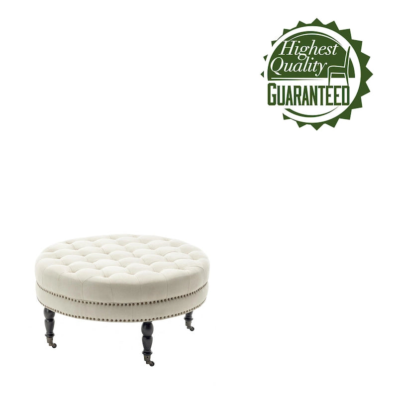 Ottoman de cocktail rond touffeté en tissu avec pieds et roulettes en bois d'hévéa