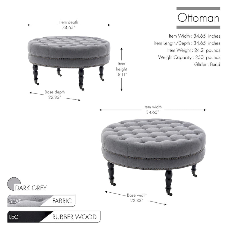 Ottoman de cocktail rond touffeté en tissu avec pieds et roulettes en bois d'hévéa