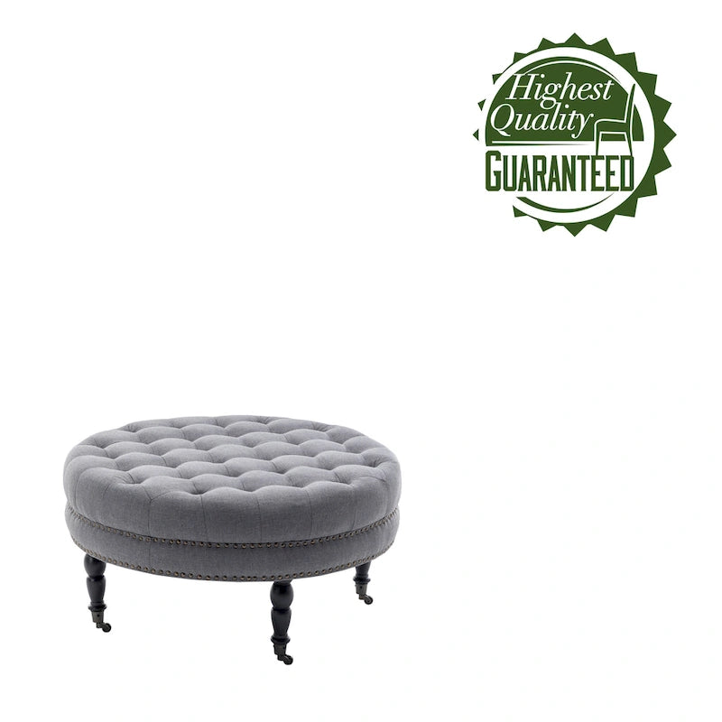 Ottoman de cocktail rond touffeté en tissu avec pieds et roulettes en bois d'hévéa