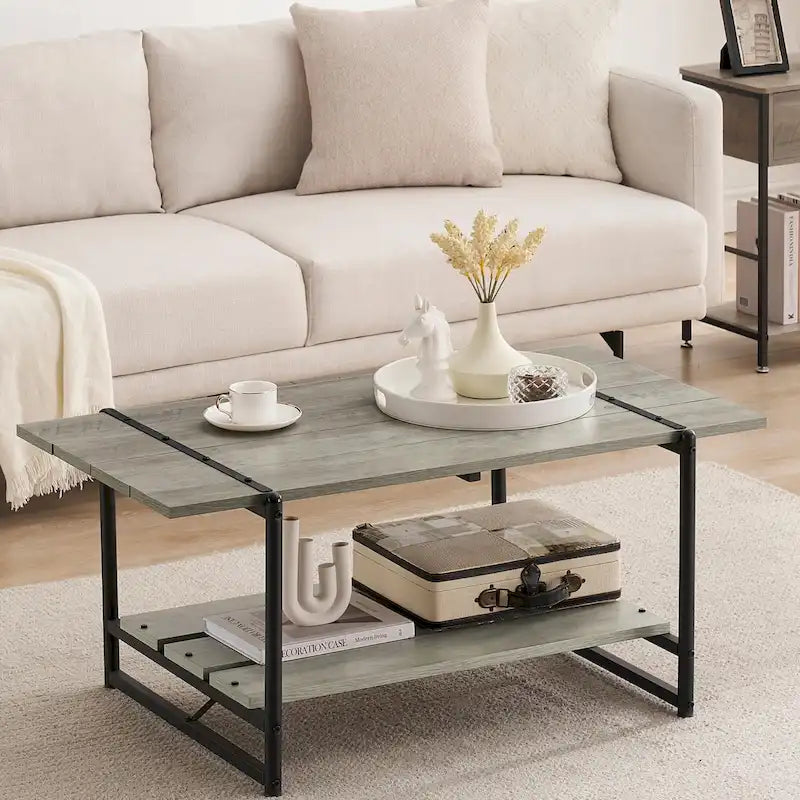 Table basse moderne industrielle à deux niveaux en bois avec étagère de rangement