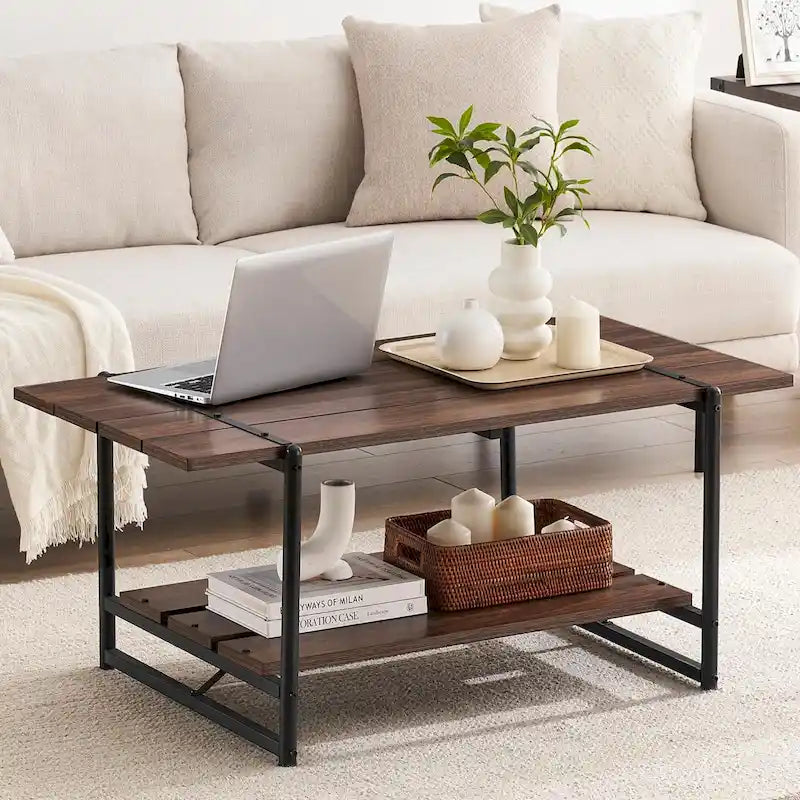 Table basse moderne industrielle à deux niveaux en bois avec étagère de rangement