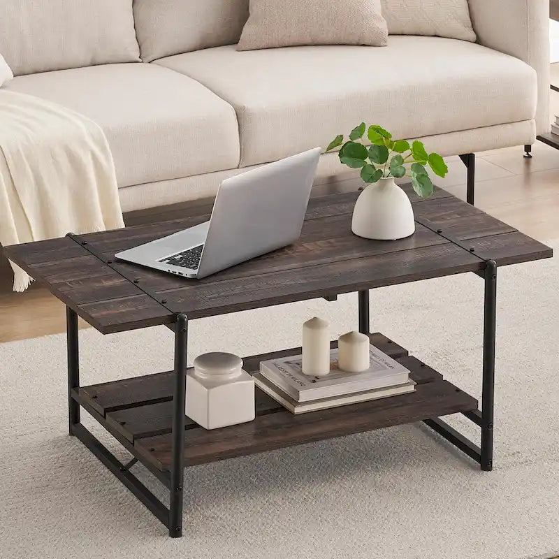 Table basse moderne industrielle à deux niveaux en bois avec étagère de rangement