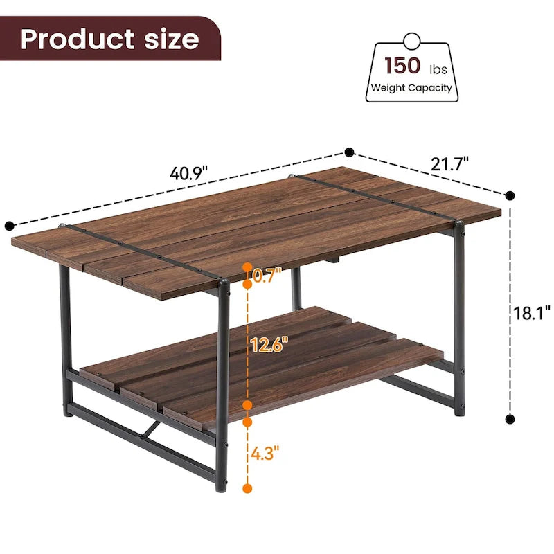Table basse moderne industrielle à deux niveaux en bois avec étagère de rangement