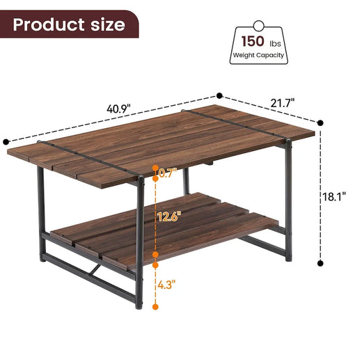 Table basse moderne industrielle à deux niveaux en bois avec étagère de rangement