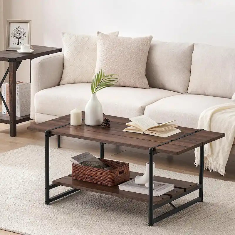 Table basse moderne industrielle à deux niveaux en bois avec étagère de rangement