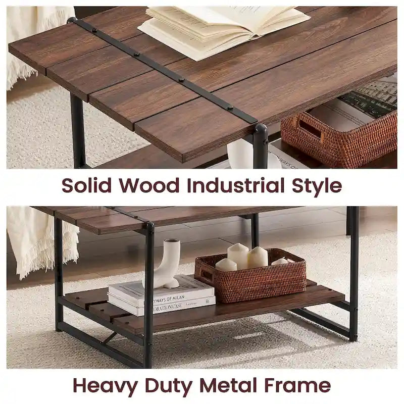 Table basse moderne industrielle à deux niveaux en bois avec étagère de rangement