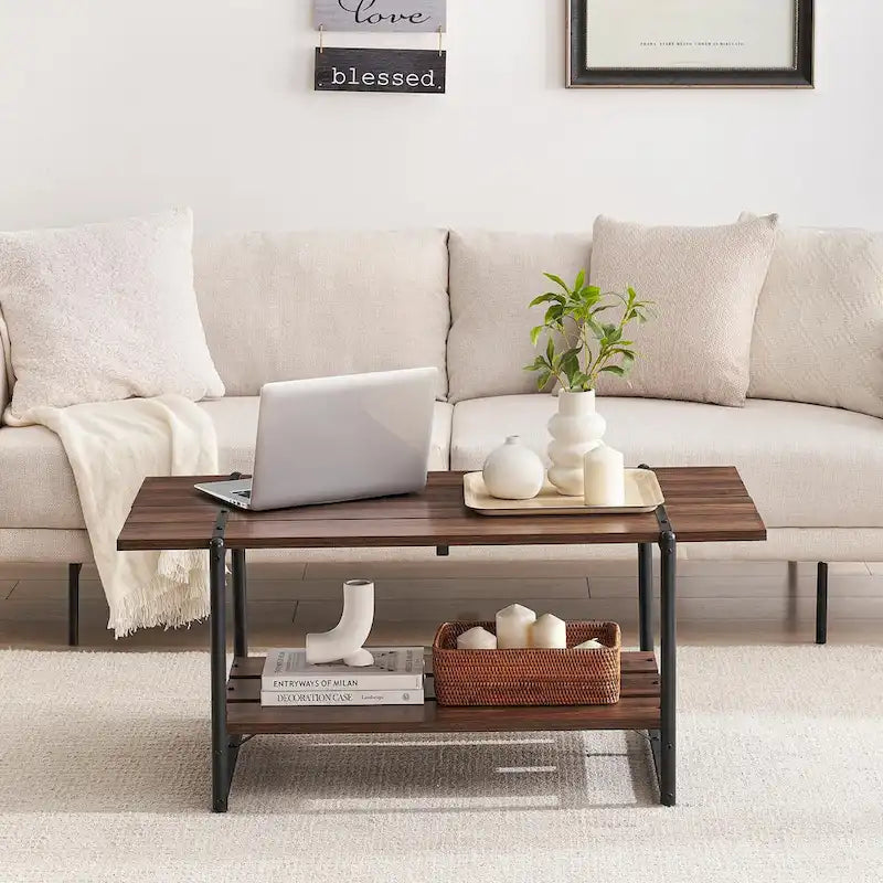 Table basse moderne industrielle à deux niveaux en bois avec étagère de rangement