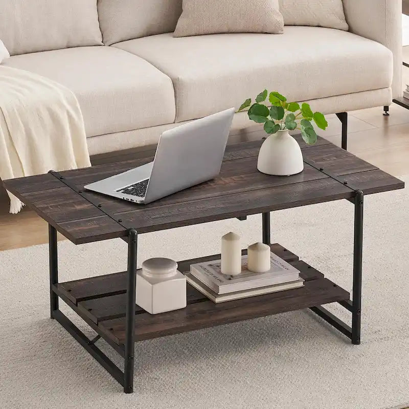 Table basse moderne industrielle à deux niveaux en bois avec étagère de rangement