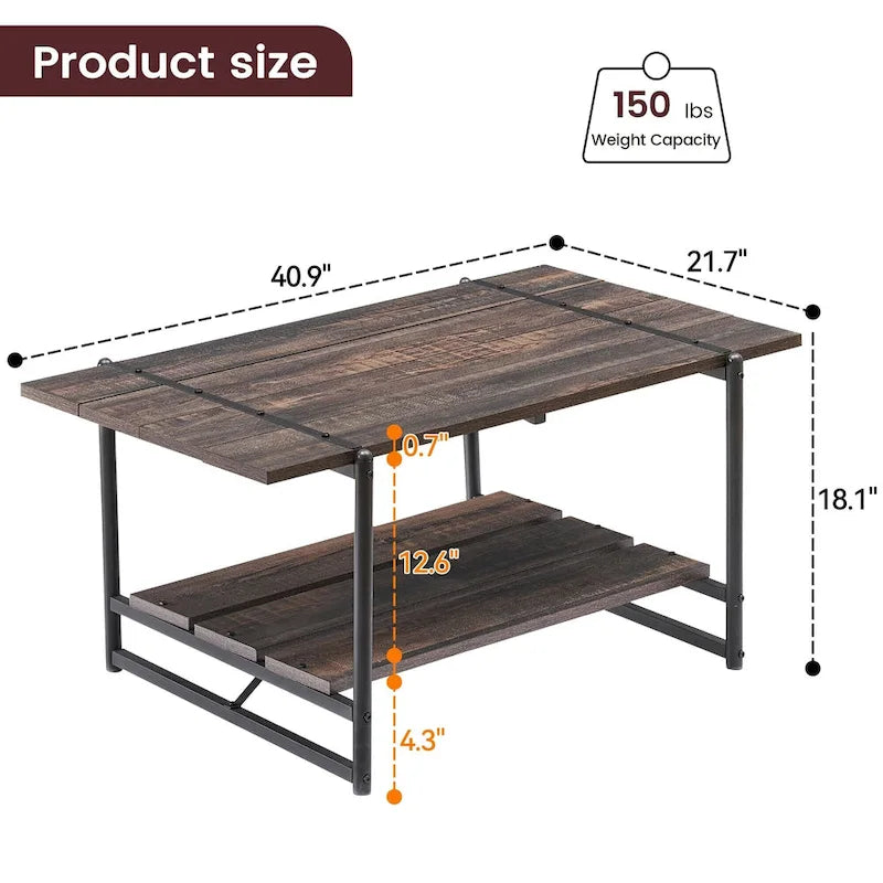 Table basse moderne industrielle à deux niveaux en bois avec étagère de rangement