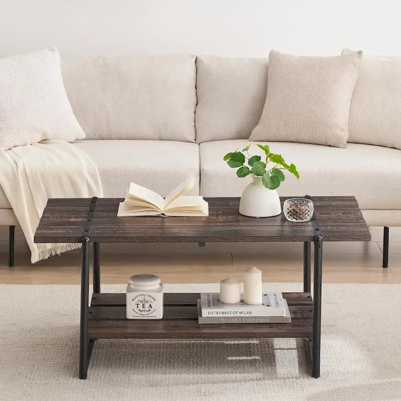 Table basse moderne industrielle à deux niveaux en bois avec étagère de rangement
