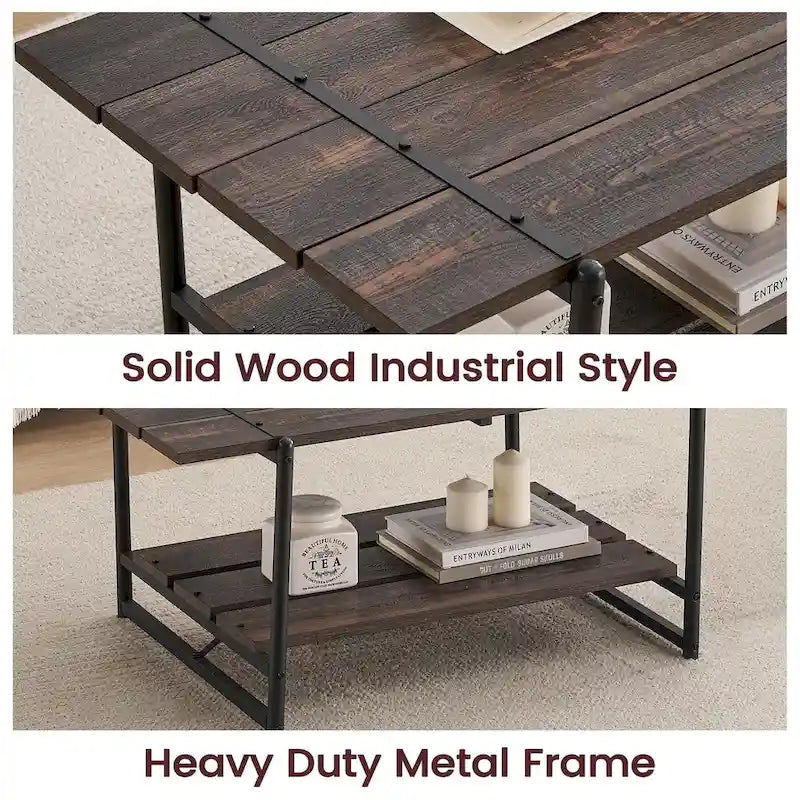 Table basse moderne industrielle à deux niveaux en bois avec étagère de rangement