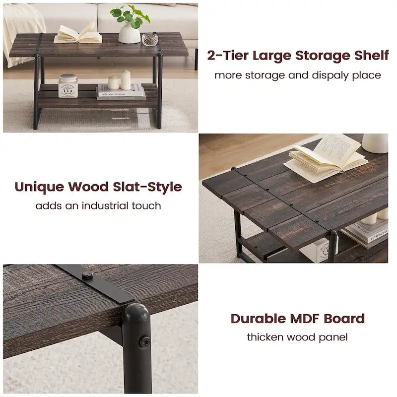 Table basse moderne industrielle à deux niveaux en bois avec étagère de rangement