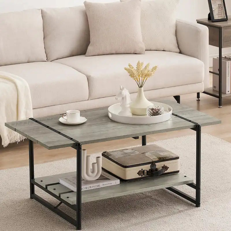 Table basse moderne industrielle à deux niveaux en bois avec étagère de rangement
