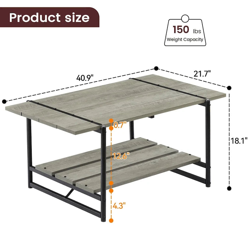 Table basse moderne industrielle à deux niveaux en bois avec étagère de rangement