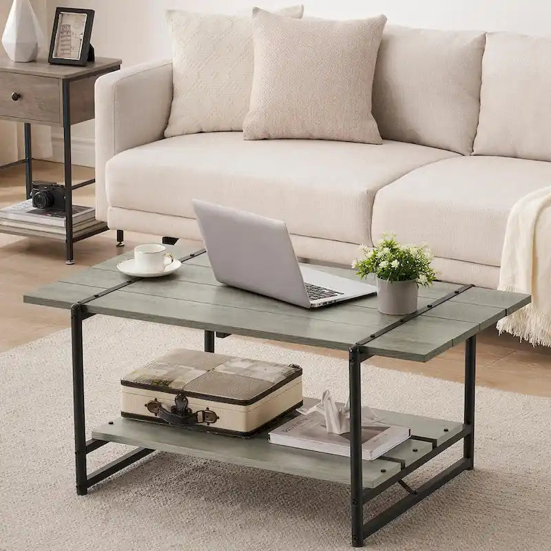 Table basse moderne industrielle à deux niveaux en bois avec étagère de rangement