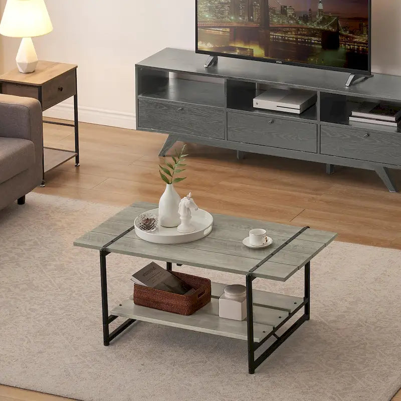 Table basse moderne industrielle à deux niveaux en bois avec étagère de rangement