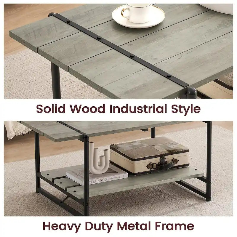 Table basse moderne industrielle à deux niveaux en bois avec étagère de rangement