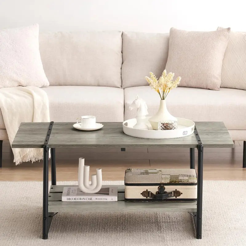 Table basse moderne industrielle à deux niveaux en bois avec étagère de rangement