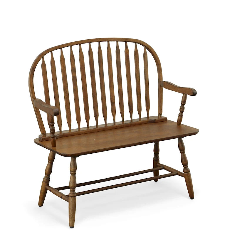 Banc en bois de style Windsor avec accoudoirs et dossier à fuseaux classique
