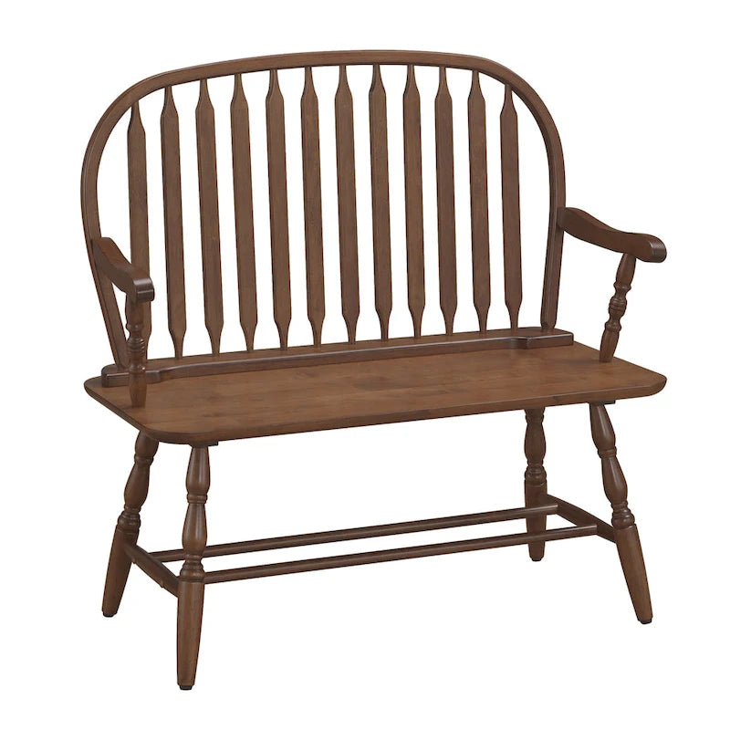 Banc en bois de style Windsor avec accoudoirs et dossier à fuseaux classique