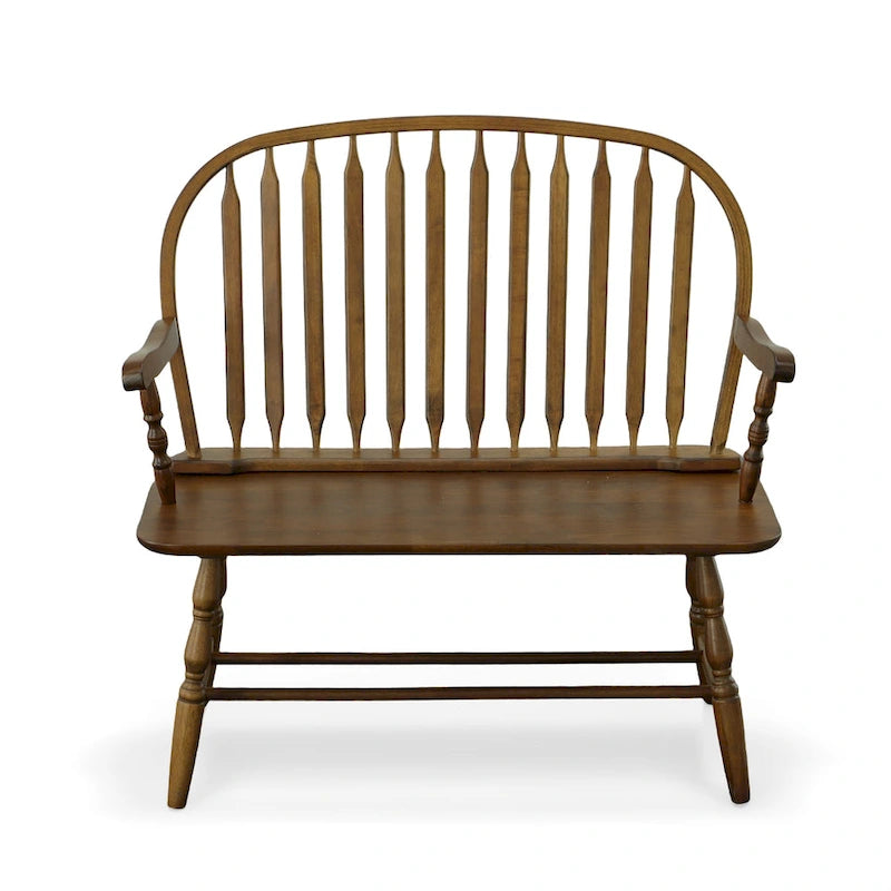 Banc en bois de style Windsor avec accoudoirs et dossier à fuseaux classique