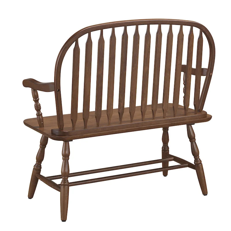 Banc en bois de style Windsor avec accoudoirs et dossier à fuseaux classique