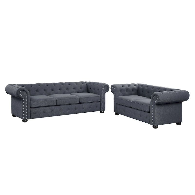 Canapé Chesterfield 3 places en lin, accoudoirs roulés capitonnés, avec garniture cloutée