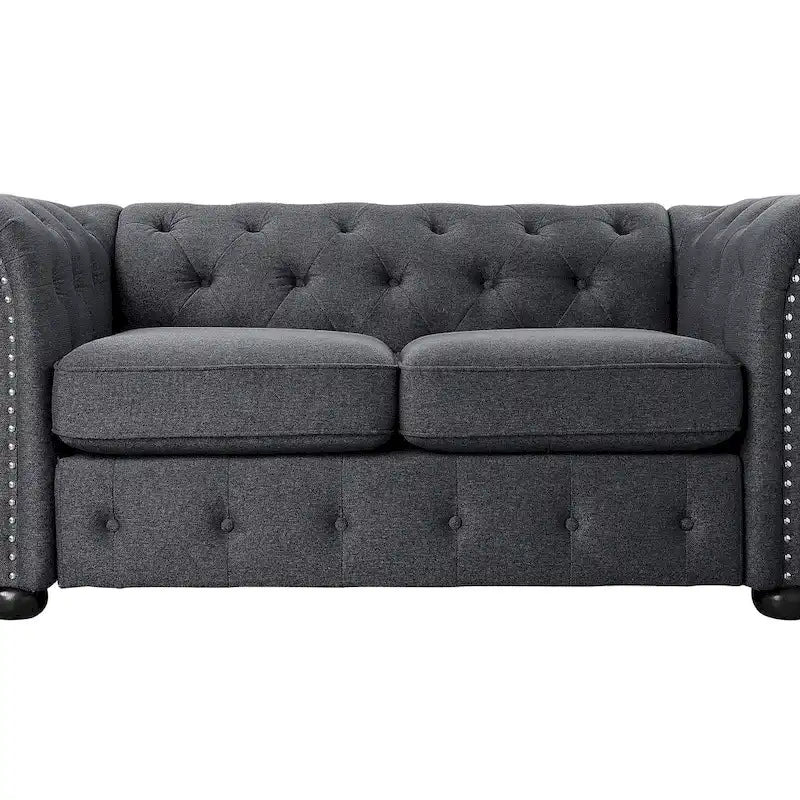 Canapé Chesterfield 3 places en lin, accoudoirs roulés capitonnés, avec garniture cloutée