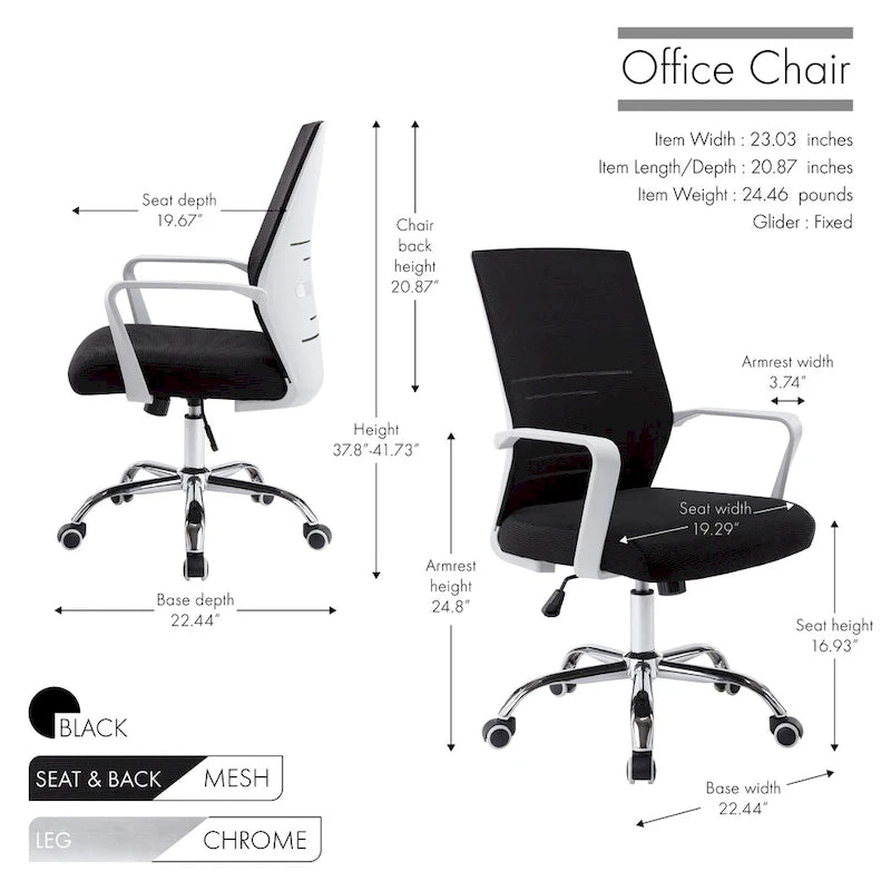 Chaise de bureau pivotante à dossier en maille avec hauteur réglable et roulettes