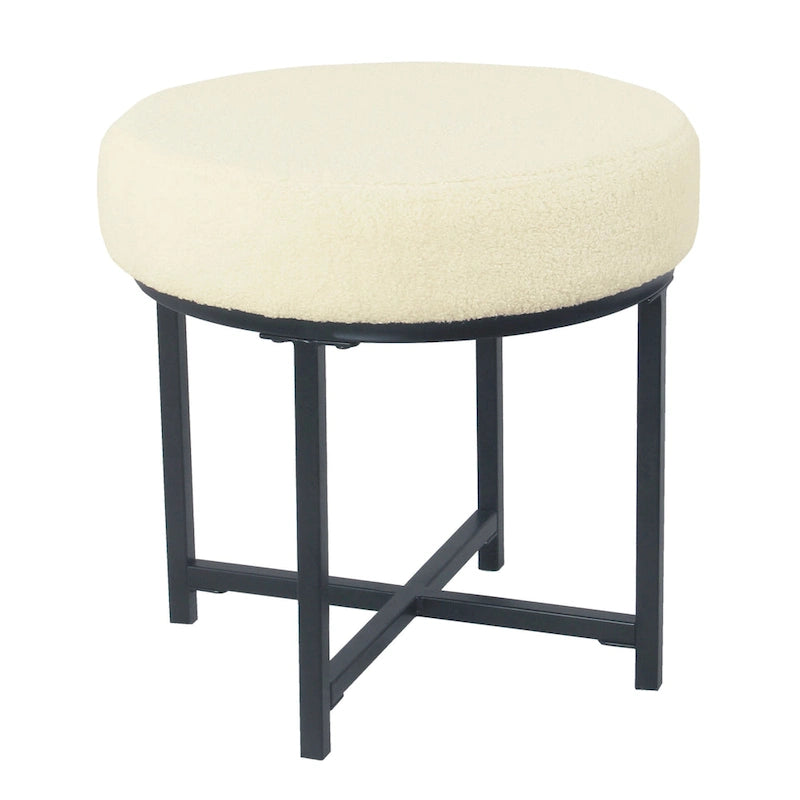 Pouffe rond capitonné avec cadre en métal noir mat en fausse fourrure de mouton crème