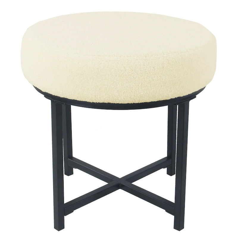 Pouffe rond capitonné avec cadre en métal noir mat en fausse fourrure de mouton crème