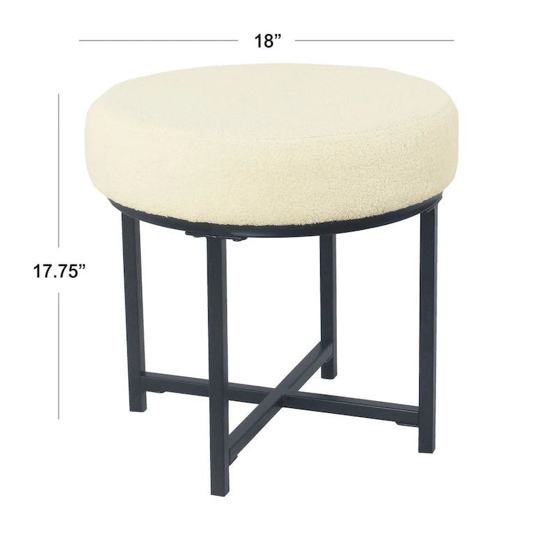 Pouffe rond capitonné avec cadre en métal noir mat en fausse fourrure de mouton crème