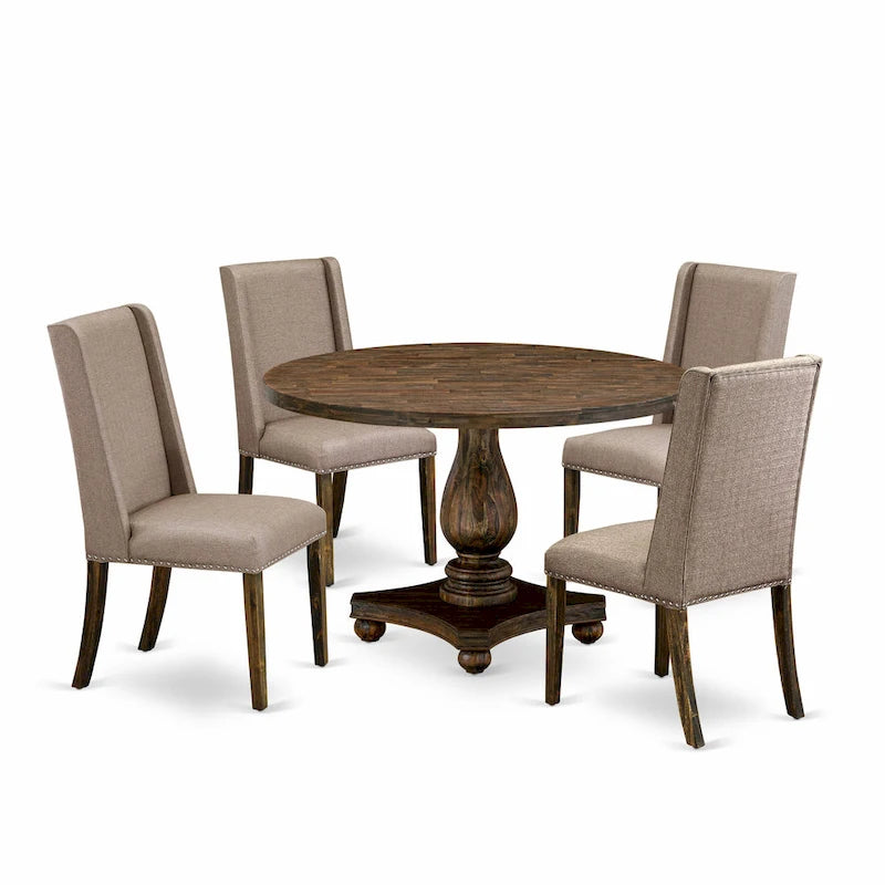 Table à manger ronde sur pied, finition jacobéenne vieillie, en bois d'hévéa, style Mid-Century Modern