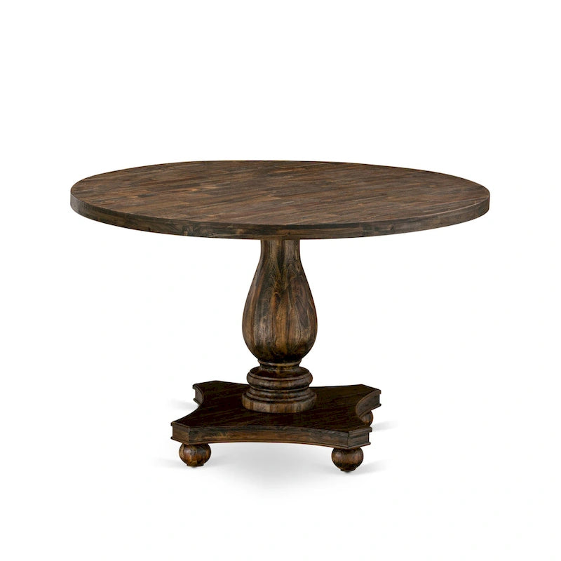 Table à manger ronde sur pied, finition jacobéenne vieillie, en bois d'hévéa, style Mid-Century Modern