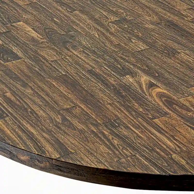 Table à manger ronde sur pied, finition jacobéenne vieillie, en bois d'hévéa, style Mid-Century Modern