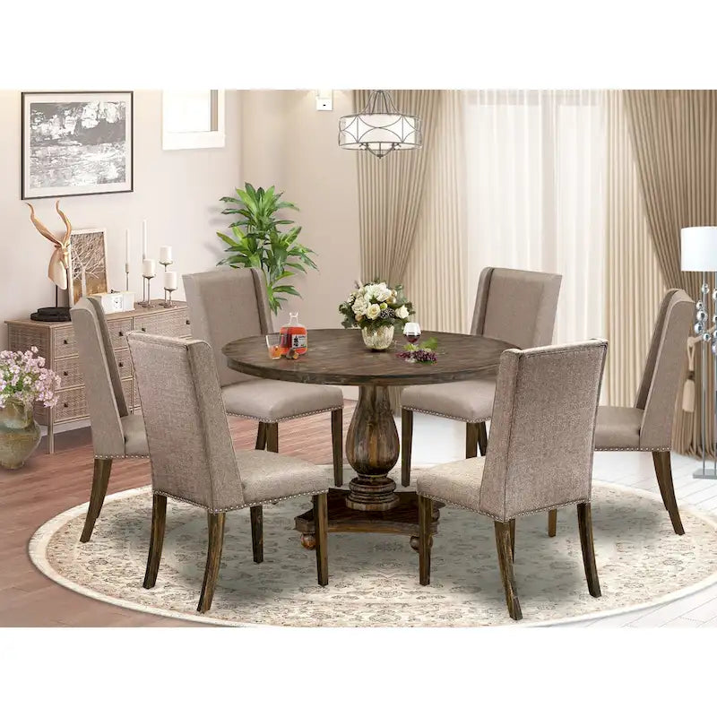 Table à manger ronde sur pied, finition jacobéenne vieillie, en bois d'hévéa, style Mid-Century Modern
