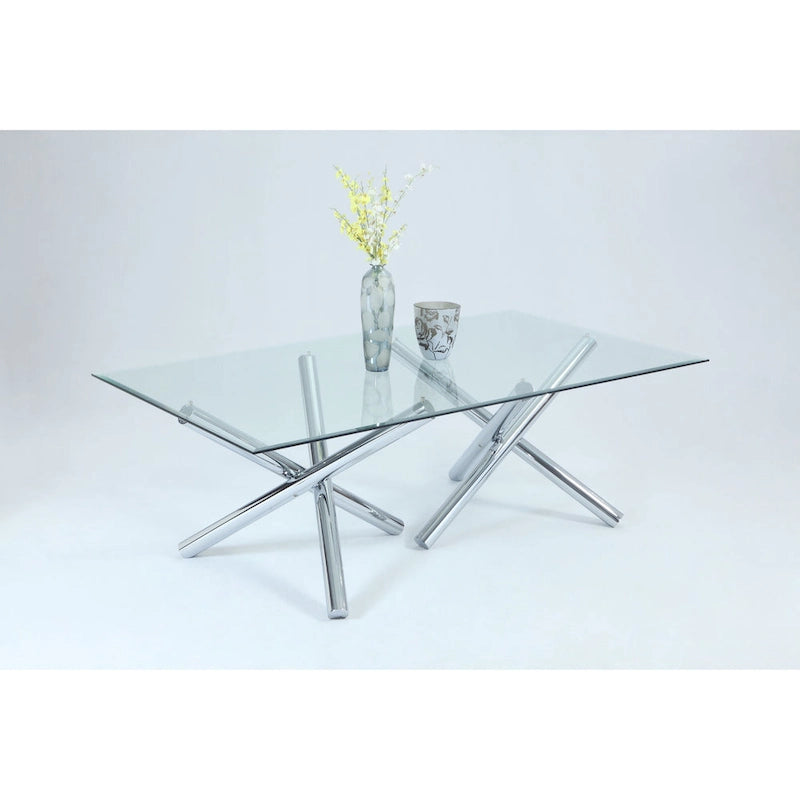 Table à manger rectangulaire en verre 42 x 72 avec piètement en X chromé