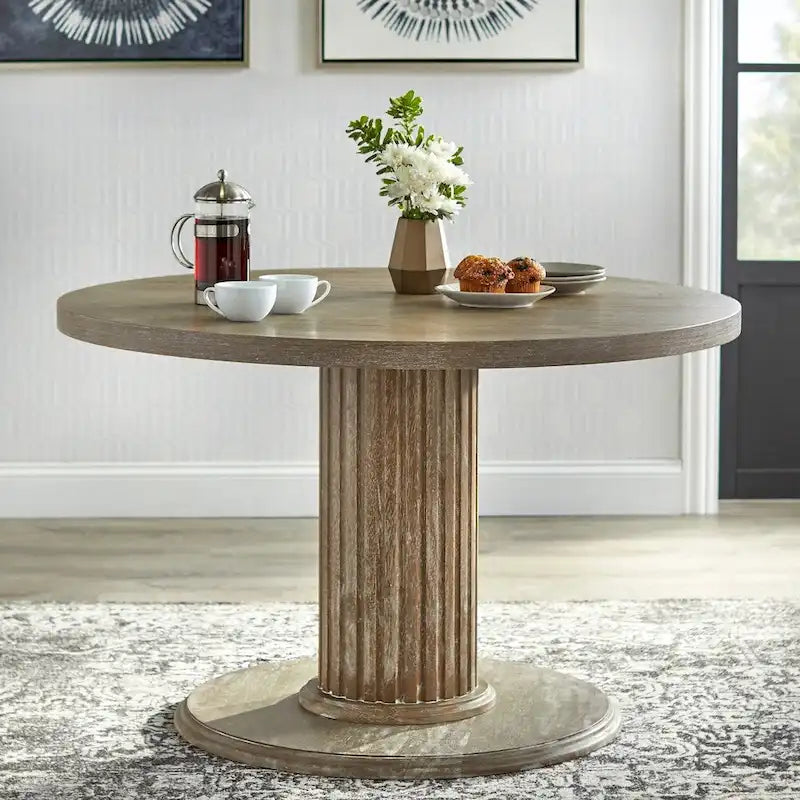 Table à manger ronde sur pied, finition bois rustique naturel recyclé