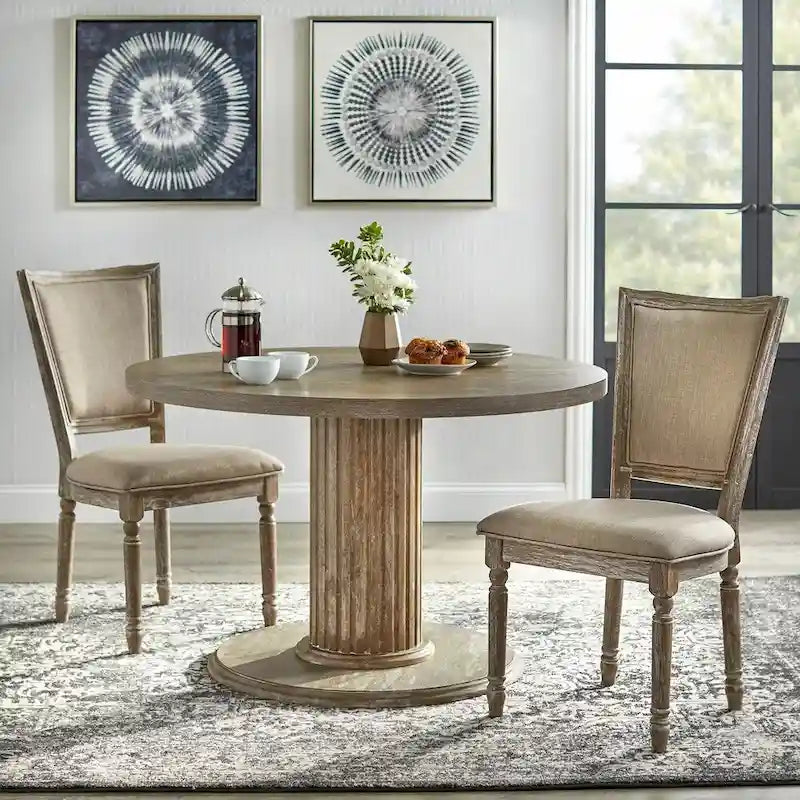 Table à manger ronde sur pied, finition bois rustique naturel recyclé