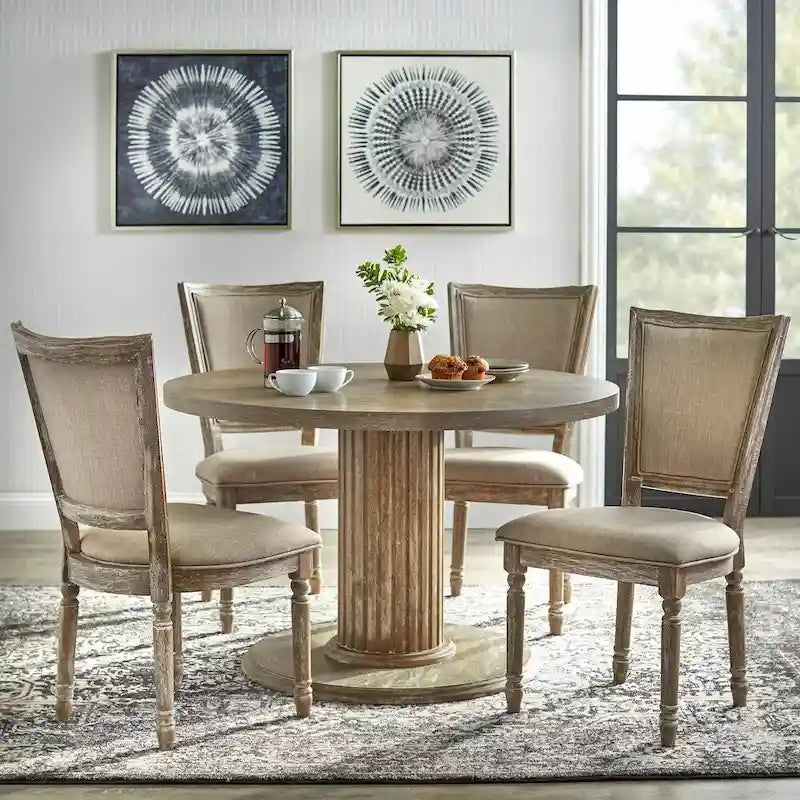 Table à manger ronde sur pied, finition bois rustique naturel recyclé