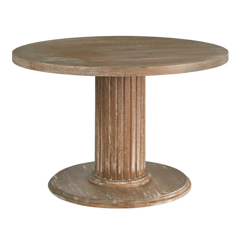 Table à manger ronde sur pied, finition bois rustique naturel recyclé