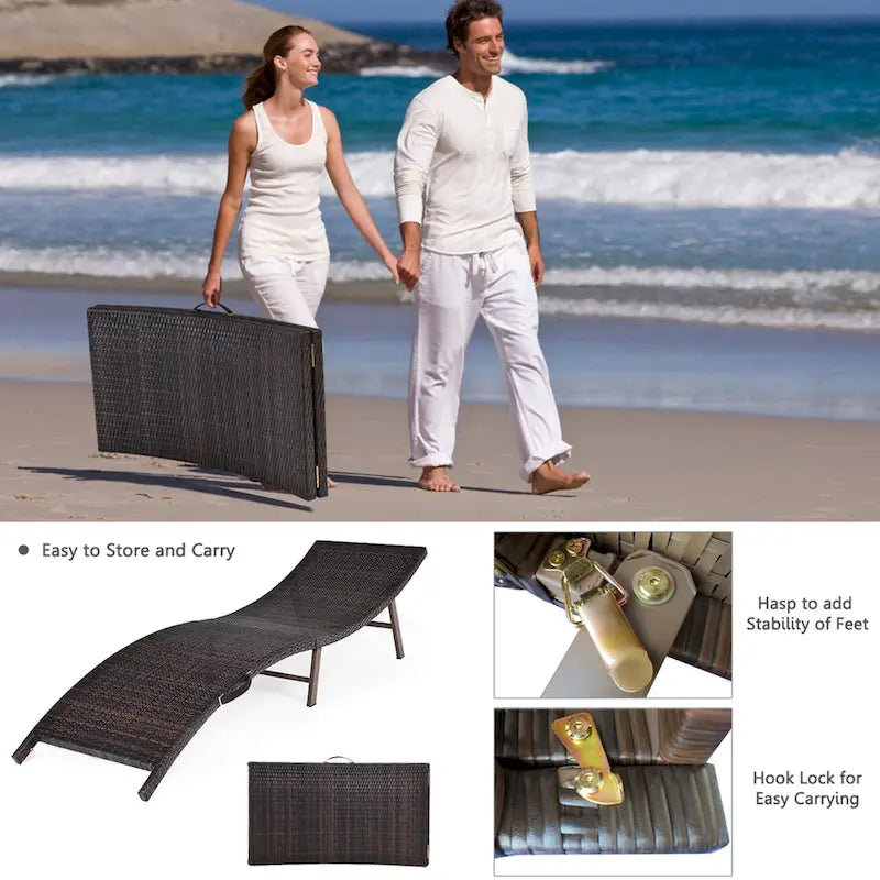 Chaise longue pliante en osier avec coussin pour patio extérieur