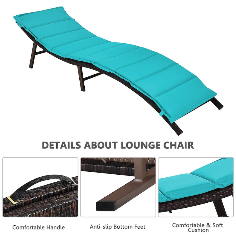 Chaise longue pliante en osier avec coussin pour patio extérieur
