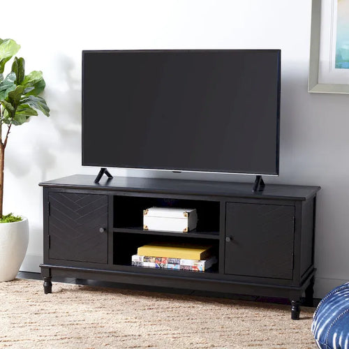 Meuble TV/multimédia de rangement à chevrons à 2 portes et 2 étagères avec pieds tournés