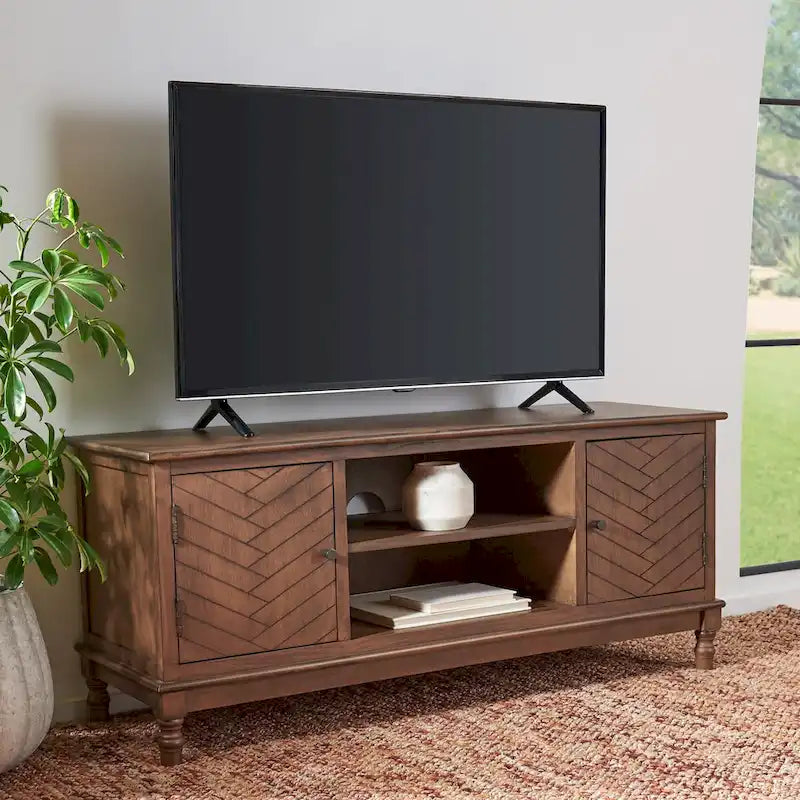 Meuble TV/multimédia de rangement à chevrons à 2 portes et 2 étagères avec pieds tournés