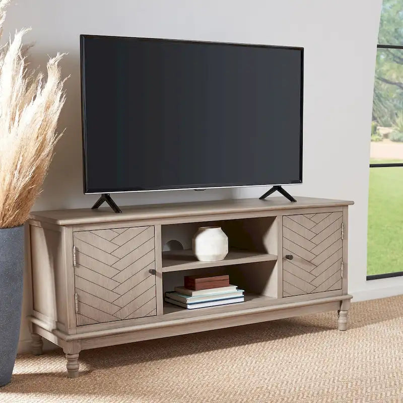 Meuble TV/multimédia de rangement à chevrons à 2 portes et 2 étagères avec pieds tournés