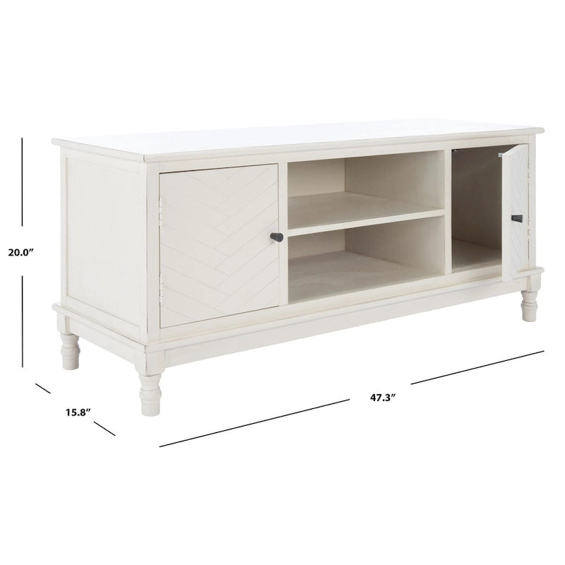 Meuble TV/multimédia de rangement à chevrons à 2 portes et 2 étagères avec pieds tournés