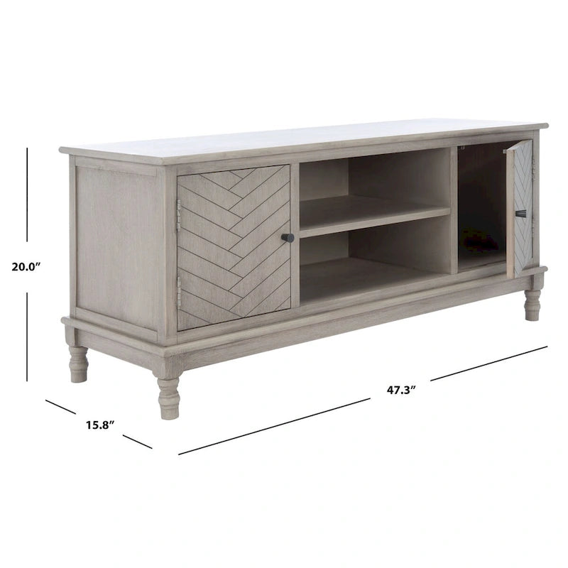Meuble TV/multimédia de rangement à chevrons à 2 portes et 2 étagères avec pieds tournés