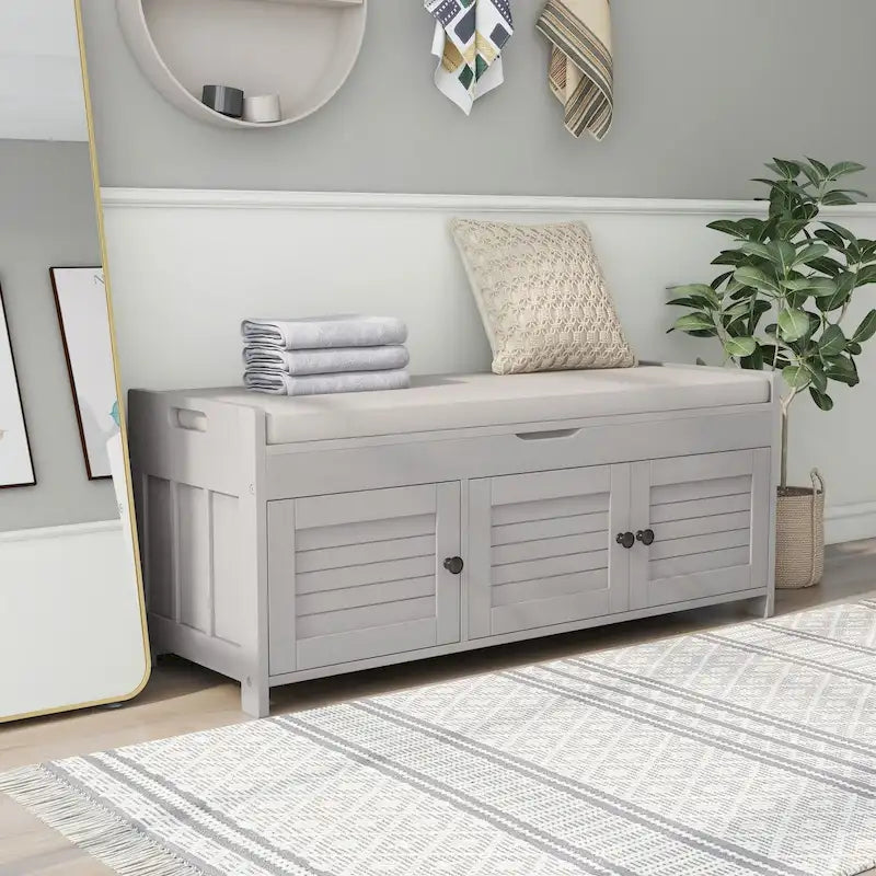 Banc de rangement avec portes persiennes, coussin amovible et rangement intégré